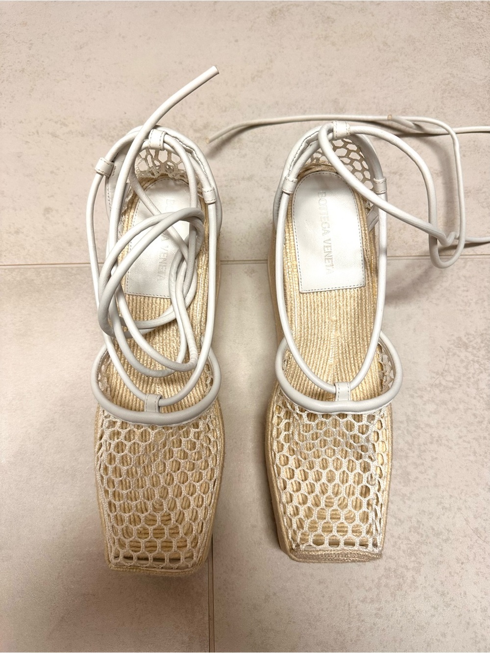 Bottega Veneta White and Natural Woven Lace-Up Wedge